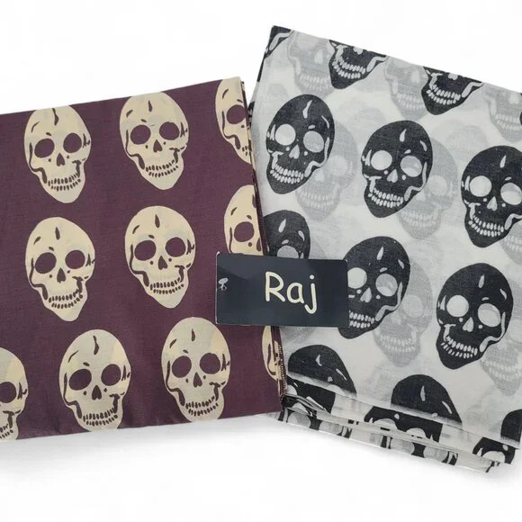 Raj Silk Scarf Skull Print Wrap Shawl NWT Black‎ White Purple Alexander Inspired