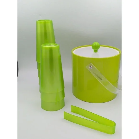 Set Of 8 Crate & Barrel Pearl Kiwi 18 Oz. Cooler Cups & Ice Bucket With Tongs