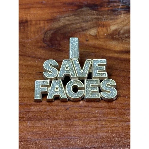 I Save‎ Faces Pin Brooch Gold Tone Jeweled Sparkly Vintage