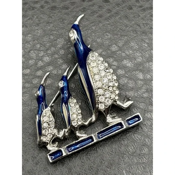 Vintage D'Orlan Penguin Brooch Pin Silver Tone Blue Enamel Crystal Rhinestone