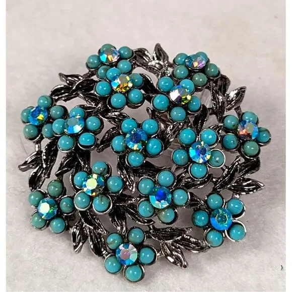 Vintage Mid Century Floral Wreath Brooch Faux Turquoise & AB Crystal Pin chicEUC
