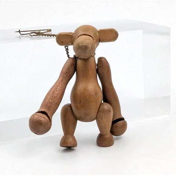 Vintage Zoo Line Japan Monkey Brooch Built in Pin-Chain Wooden‎ Articulated MCM