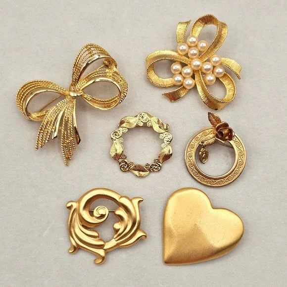 Vintage‎ Brooch Pin Lot 6pc Gold Tone Heart Bow Faux Pearl Floral Classic