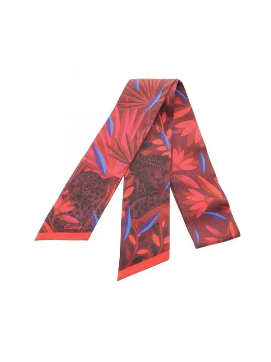Cartier Scarf Bandeau Panther Ribbon Red Silk