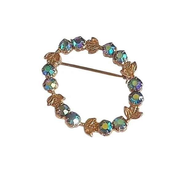 Vintage Gold‎ Tone Aurora Borealis Rhinestone Wreath Circle Brooch Pin Floral