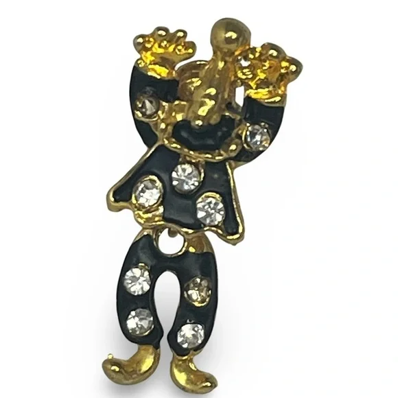 Vintage Black Enamel Crystal Accent Gold Clown Articulated Pin