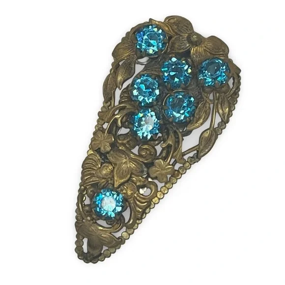 Antique Brass Blue Floral Dress Clip