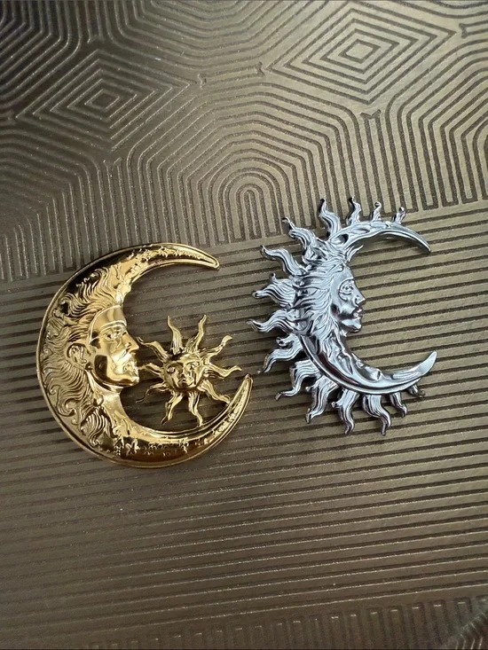 Celestial Sun & Moon Gold & Silver Brooch Set