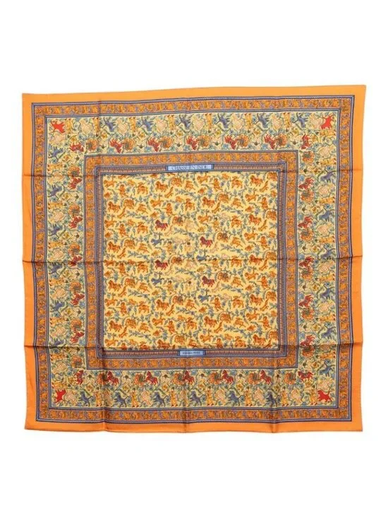 Hermes Carre 90 Chasse en Inde Indian Hunting Scarf Orange Silk