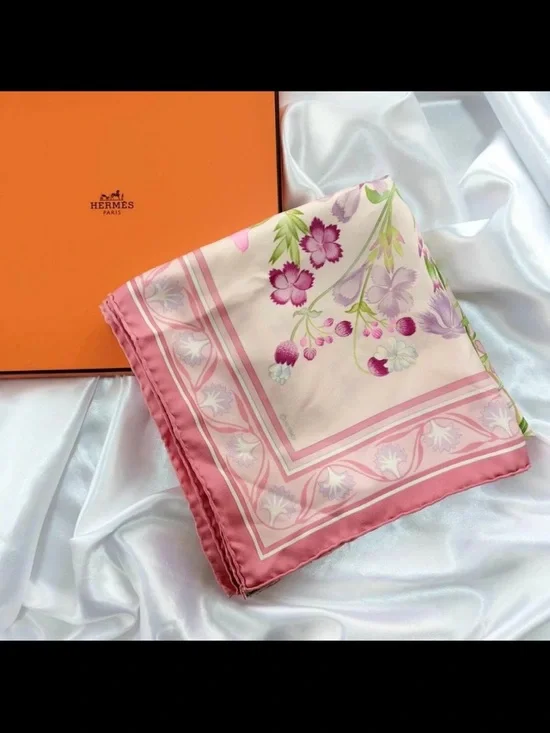 Hermes Pink Floral Print Silk Square Scarf