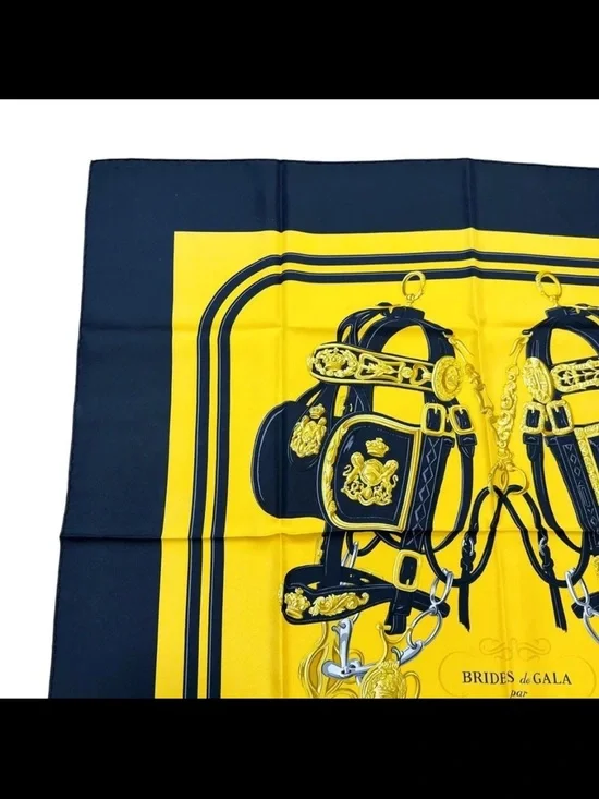 Hermes Yellow and Navy Silk Scarf Brides de Gala