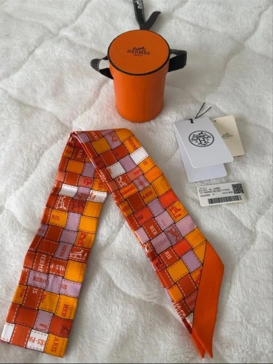 Hermes Orange, Pink & Yellow Silk Twilly Scarf