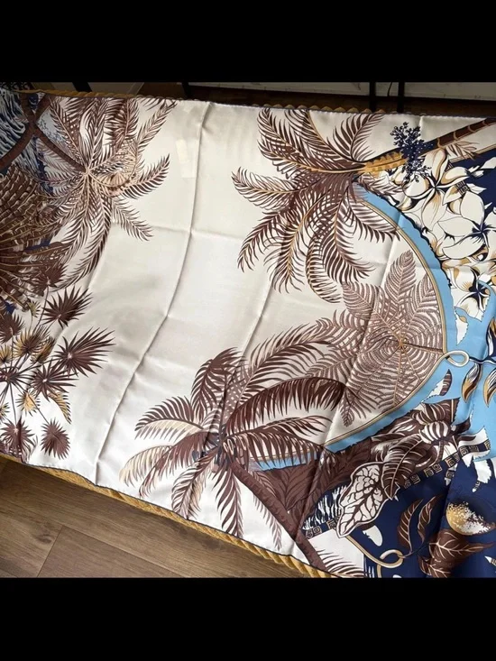 Hermes Cream, Brown and Blue Palm Tree Silk Scarf