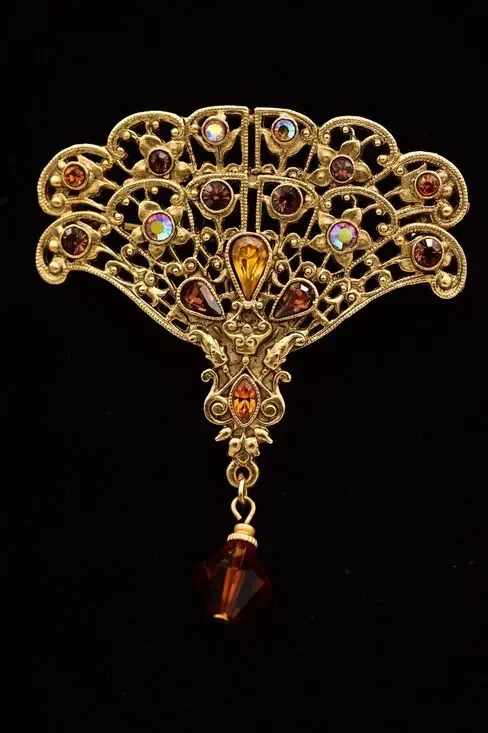 1928 Vintage Brooch Pin Fan Amber Dangle Rhinestone Crystal Gold Tone 80s BinBG