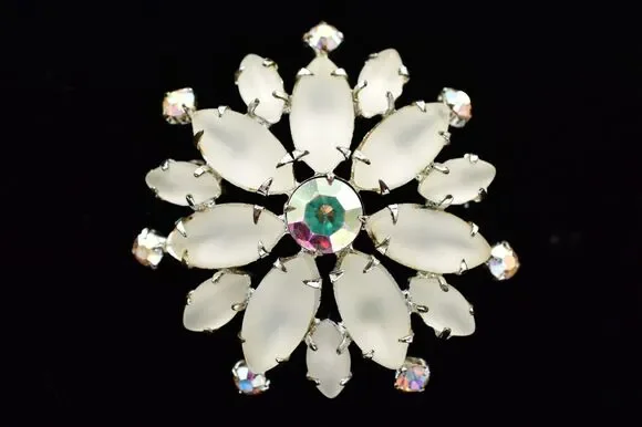 Vintage Crystal Flower Pin Brooch Frosted AB Rhinestone Prong Silver 1990s BinBG