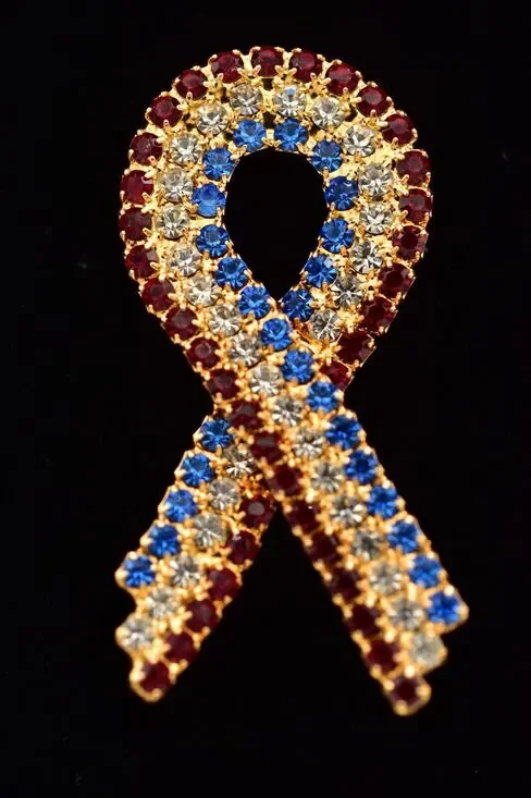 Vintage Crystal Ribbon Bow Pin Brooch Red Blue Crystal Flag Patriotic USA BinBG