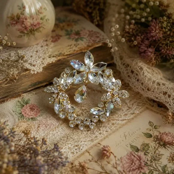 Clear Rhinestone Floral Wreath Brooch Pin, Elegant Statement Jewelry