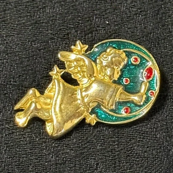 Vintage Angel Cherub Brooch Gold Tone Enamel Teal Red Rhinestone Pin‎