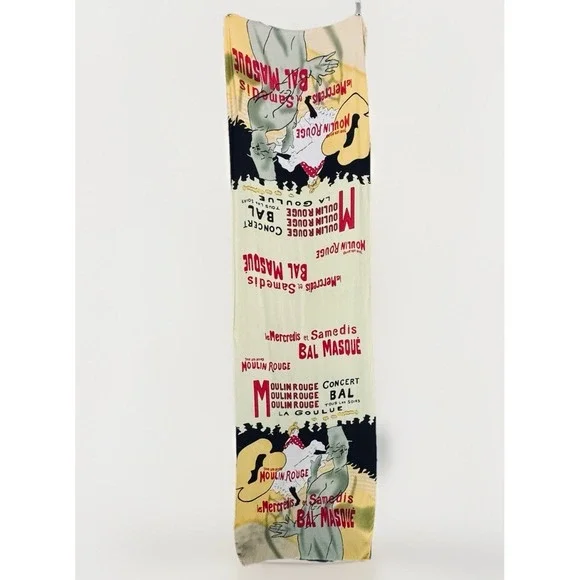 VTG Moulin Rouge Toulouse-Lautrec Double Print Silk Scarf Long Rectangle 18.5x64