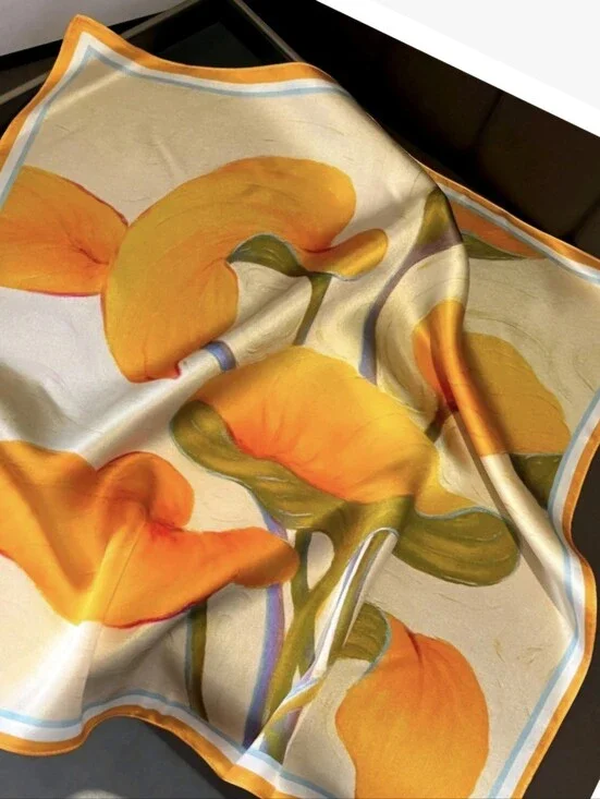 NWOT 100% Mulberry Silk Scarf Orange Abstract Leaves On  Cream Background 21