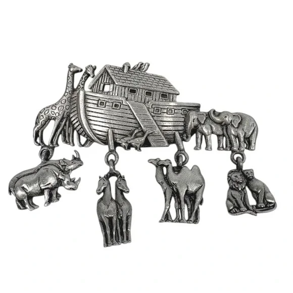 JJ‎ Jonette Noahs Ark Brooch Pewter Tone Dangling Animal Charms Vintage Pin
