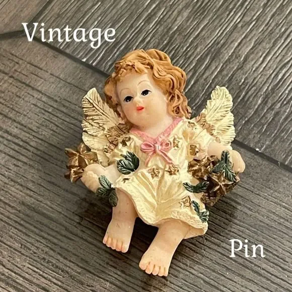 Vintage Charming Angel Figurine with Gold and Cream Dress Brooch