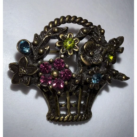 Vintage‎ Brooch Floral Basket Multi Rhinestone GoldTone Floral Pin 1.25