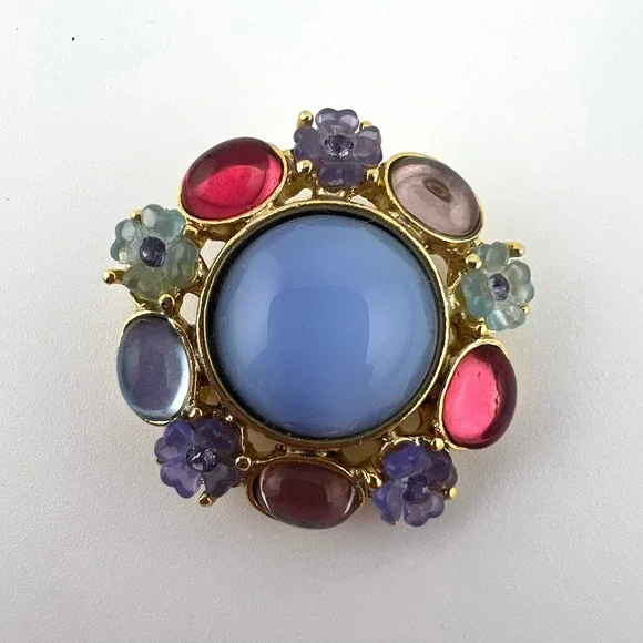 Vintage Floral Cabochon Brooch Pastel Flower Cluster‎ Gold Tone Round Pin