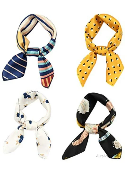 4 PCS 50s Satin Neck Scarf Set Multicolor Floral Striped Small Square