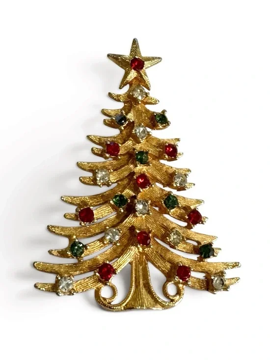 Vintage Mylu Christmas Tree Brooch: 1960s Rhinestone Holiday Pin