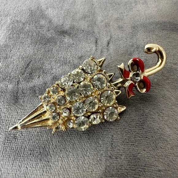 Vintage Umbrella Brooch Gold Tone Rhinestone Red Enamel Bow Parasol Pin Spring‎