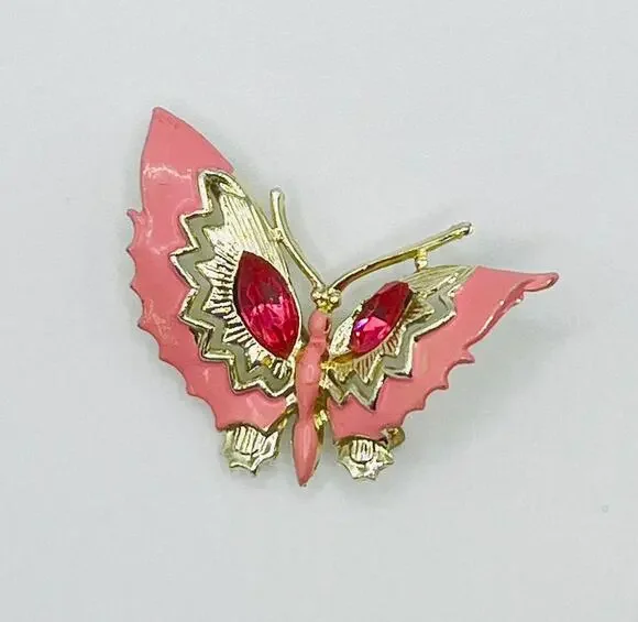 Vintage Pink Enamel Butterfly Brooch Pink Rhinestone 1.75