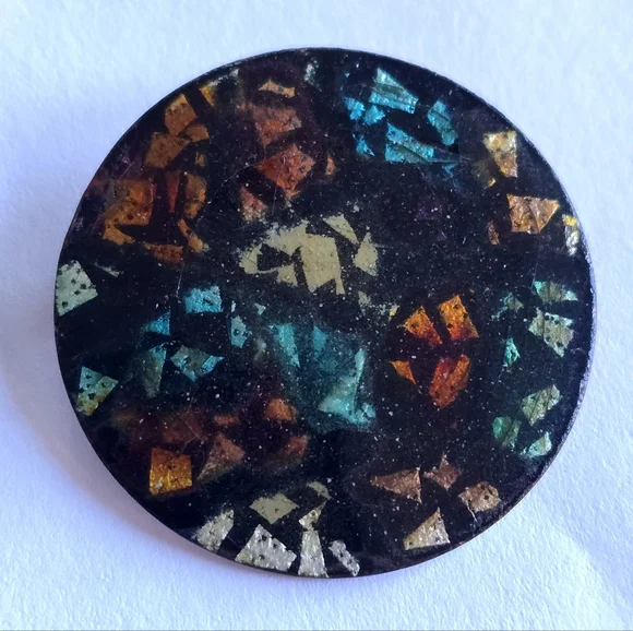 Vintage copper brooch enameled enamel round disc black pin