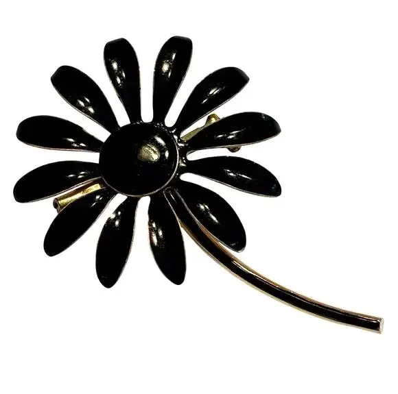 Vintage Mid Century flower power brooch mod gold tone & black enamel daisy
