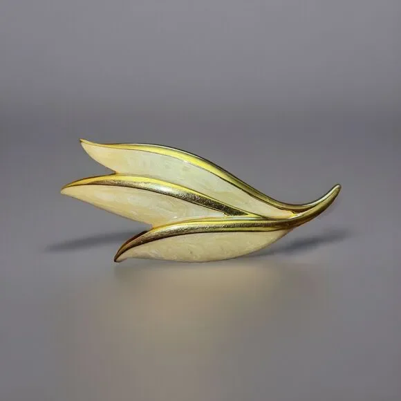 Vintage Napier  Brooch Pin Leaf Leaves Yellow Enamel  & Gold Tone Metal 2.75”