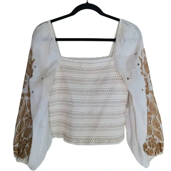 Anthropologie Smocked Top Women Size S White Gold Embroidered Puff Sleeve