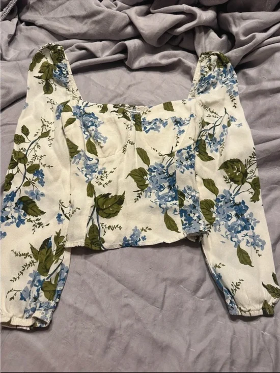 Reformation White Floral Square-Neck Puff Sleeve Crop Top