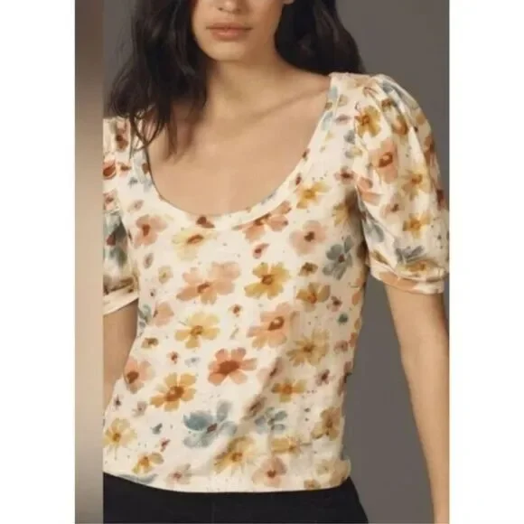 Anthropologie Floral Puff Sleeve Top