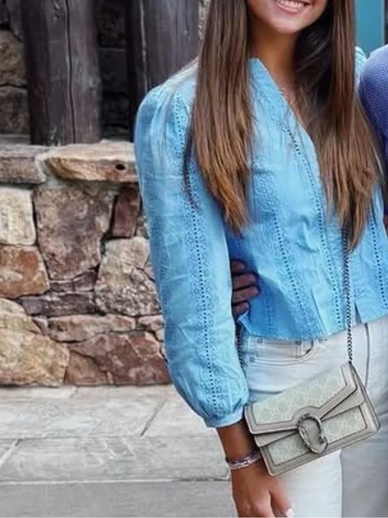 Zara Light Blue Eyelet Button-Front Blouse