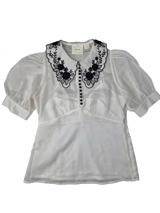 Anthropologie Maeve White Sheer Beaded Embroidered Statement Collar Blouse