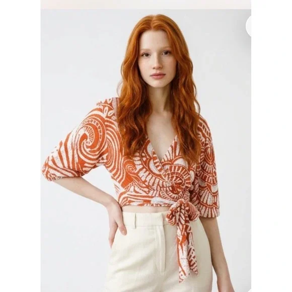Anthropologie Wrap Top Women Small Orange White Batik Print Puff‎ Sleeve