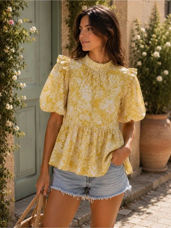 Zara Yellow White Floral Peplum Blouse