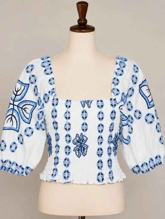 Anthropologie Kasia XL Embroidered Smocked Peasant Blouse Top Greece NWT