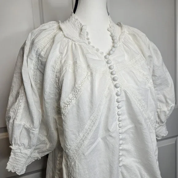 Anthropologie Puff Sleeve Victorian Top Lace Inset Size Medium White Romantic