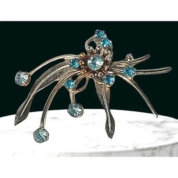 Vintage Asymmetrical AB Rhinestone Metal Flower Brooch Pin Sunburst Art Deco MCM