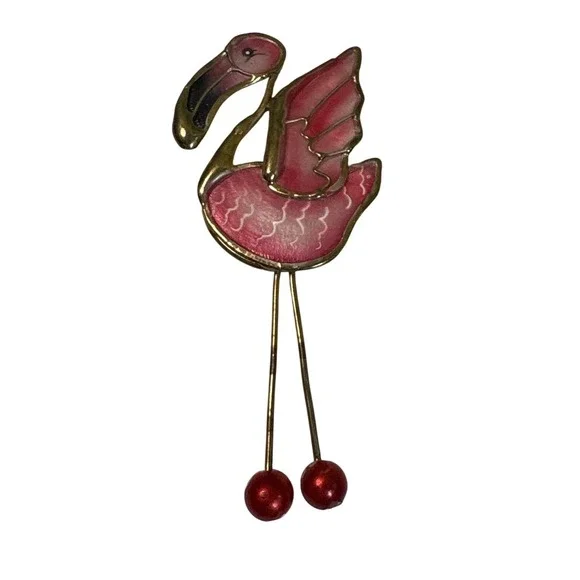 Whimsical Enamel Flamingo Brooch with Dangling Beads Gold Tone‎ Metal