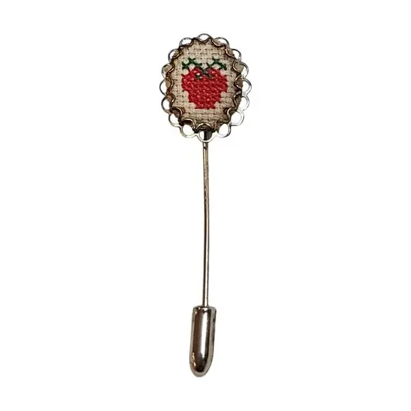 Vintage Cute Apple Silver Tone Embroidered Hat Pin
