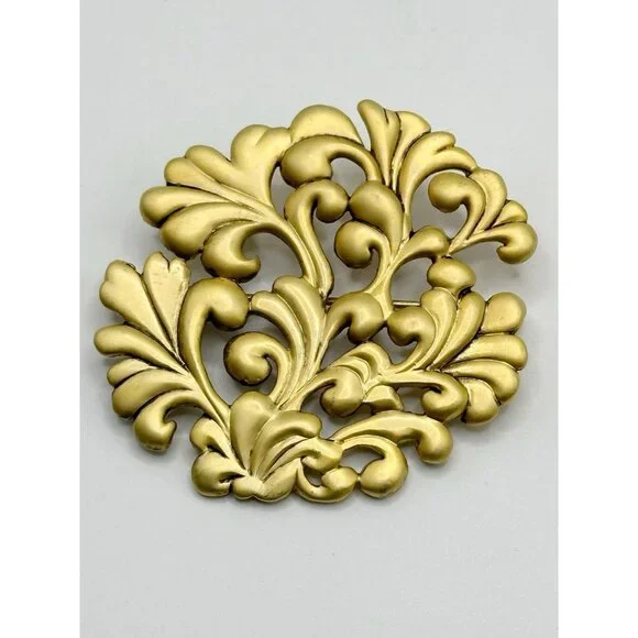 Vintage Matte Satin Scrollwork Floral Danecraft‎ Pin Brooch 2”