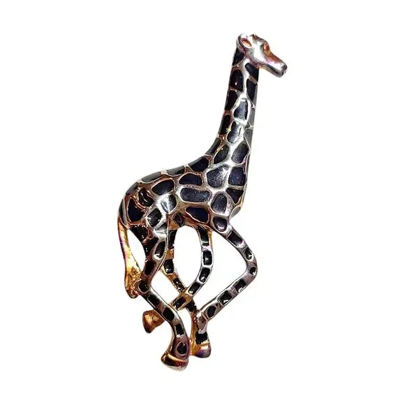 Vintage Giraffe Brooch Gold Tone Black Enamel Spots Red Eyes