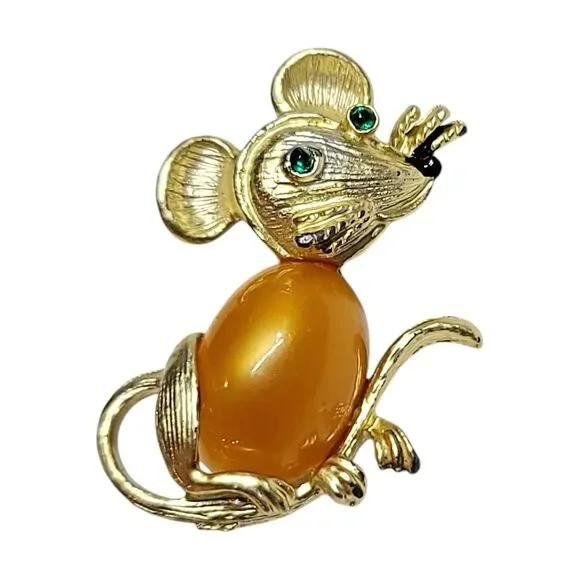 Vintage Mouse Orange Jelly Belly Green Rhinestone Eyes Gold Tone Brooch Pin